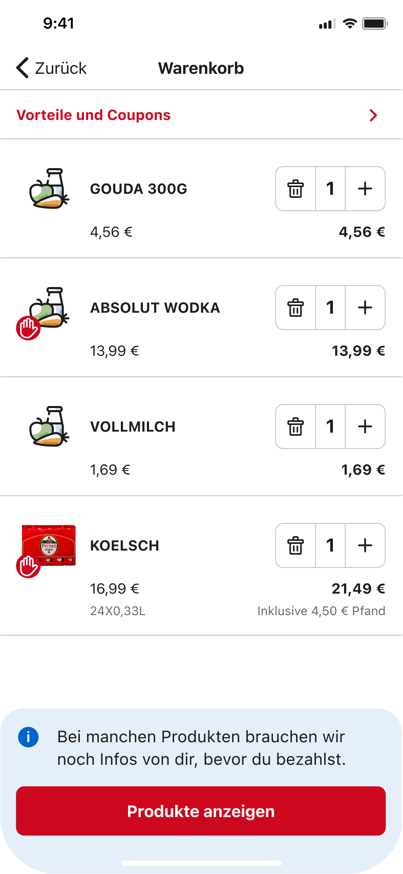 Users can, however, decide to complete these tasks later. Before going to the checkout, these steps need to be completed in order for a sum to be calculated. The blue background distinguishes itself from the usual appearance of the sum block to indicate this need for interaction.