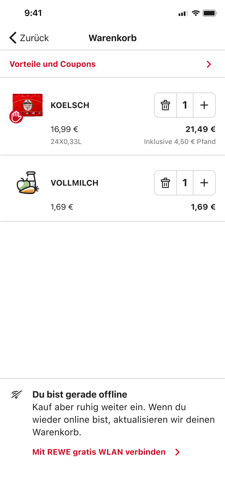 When the user loses their internet connection, a simple message at the bottom of the screen is used to convey that the shopping can continue as usual.