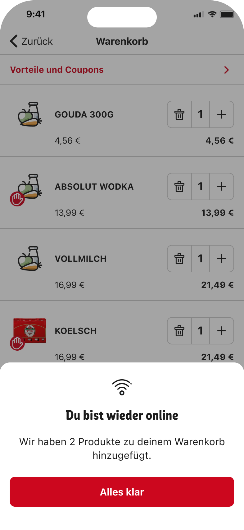 When back online, the products are automatically added to the user's basket.
